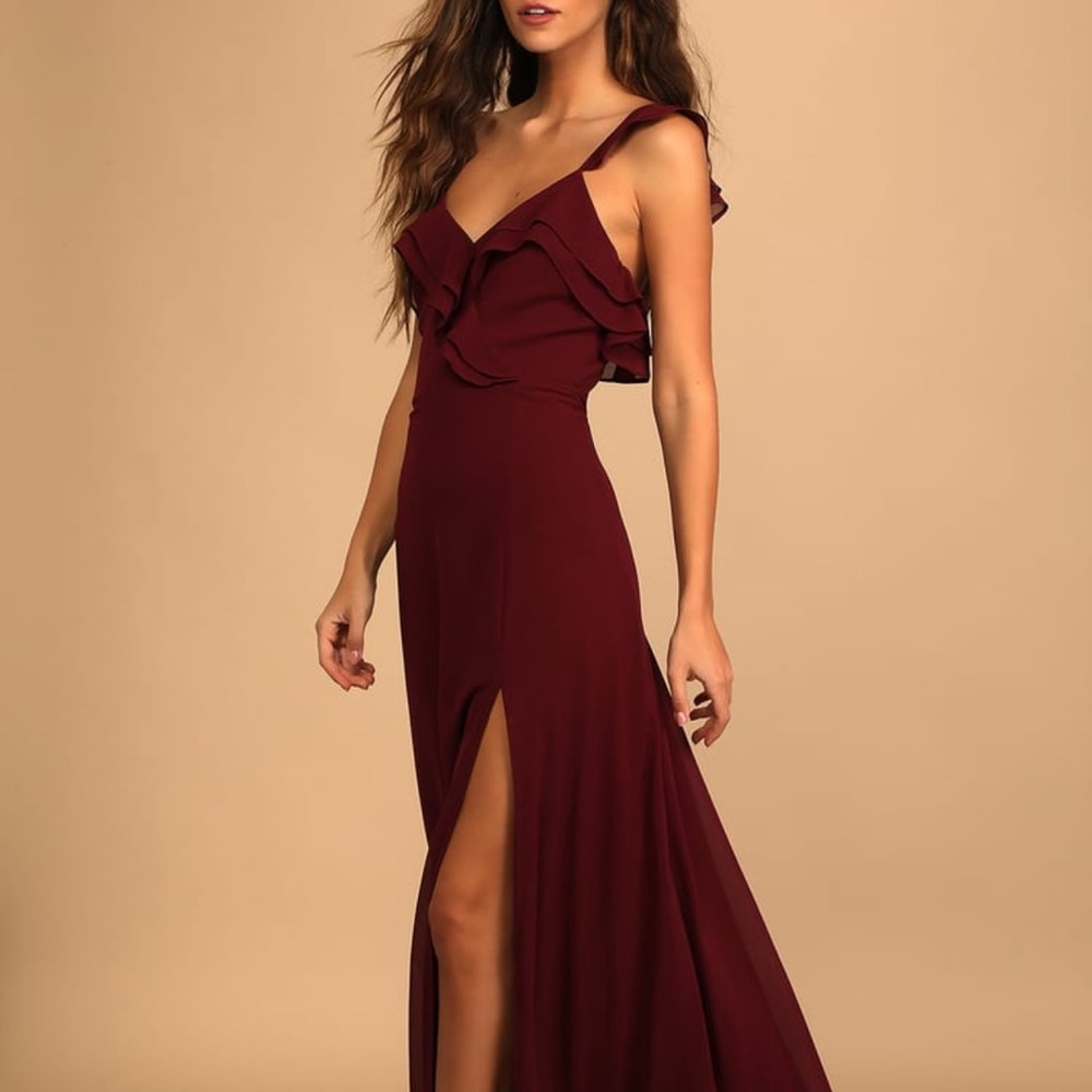 Lulus Burgundy Ruffle Maxi Dress